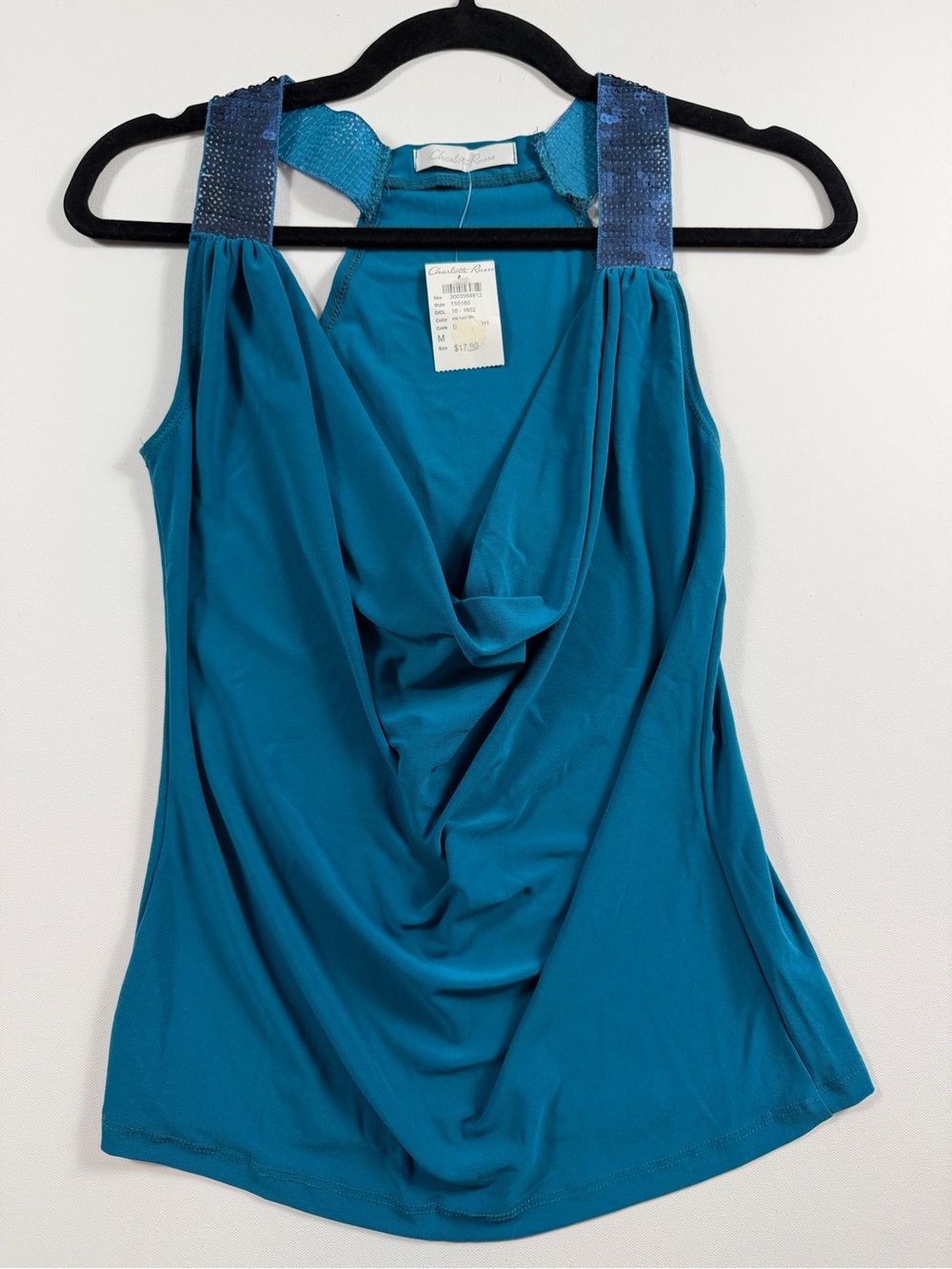 Charlotte Russe Y2K Cowl Neck Sequin Tank Top Teal M McBling Mallcore